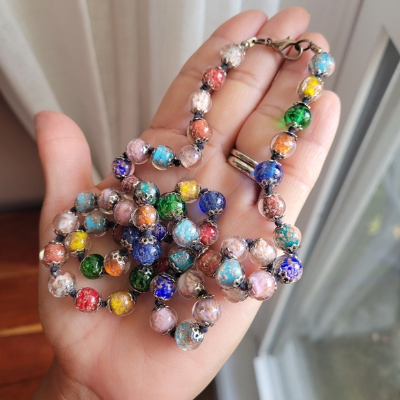 Vintage Murano Glass Multicolor Beaded Necklace Copper-Tone Lobster Clasp - Picture 1 of 9